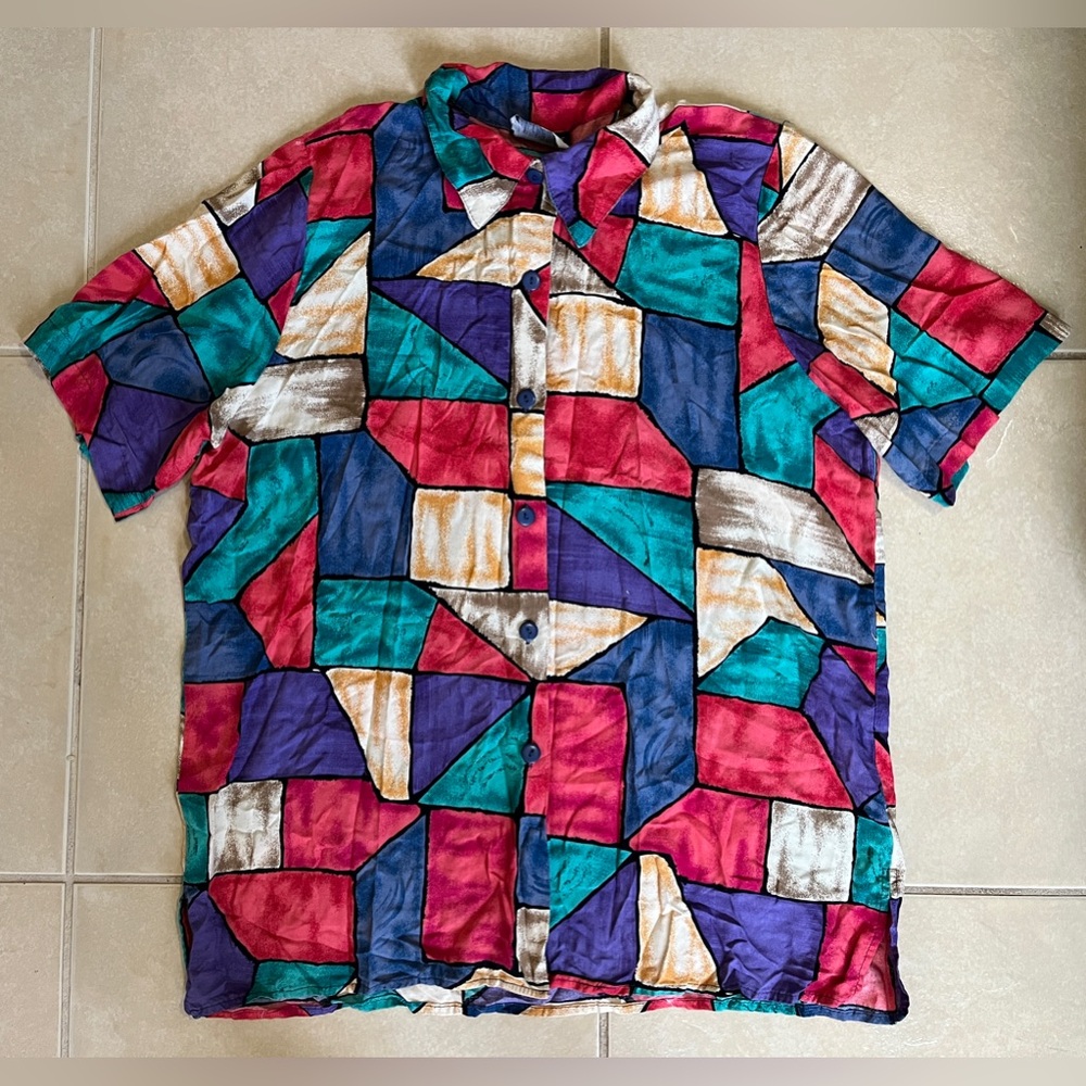 Vintage Caliche Collections Women’s Sz L Multicolor Printed Short Sleeve Blouse